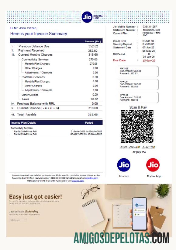 em branco Modelo de conta de serviços públicos India Jio Digital Life em formatos Word e PDF, versão 2